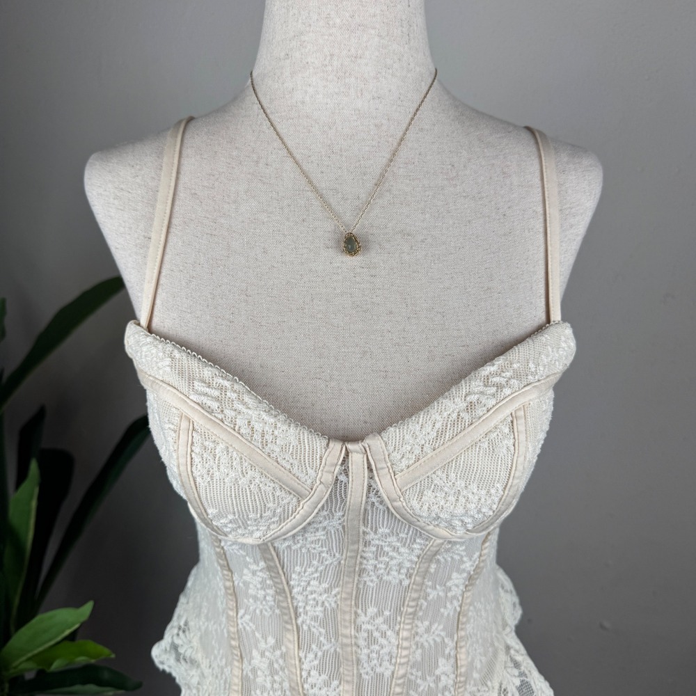 Girly Grunge Fairy Coquette Cream Lace Cider Corset Medium Peplum Bow Bustier - Picture 2 of 8